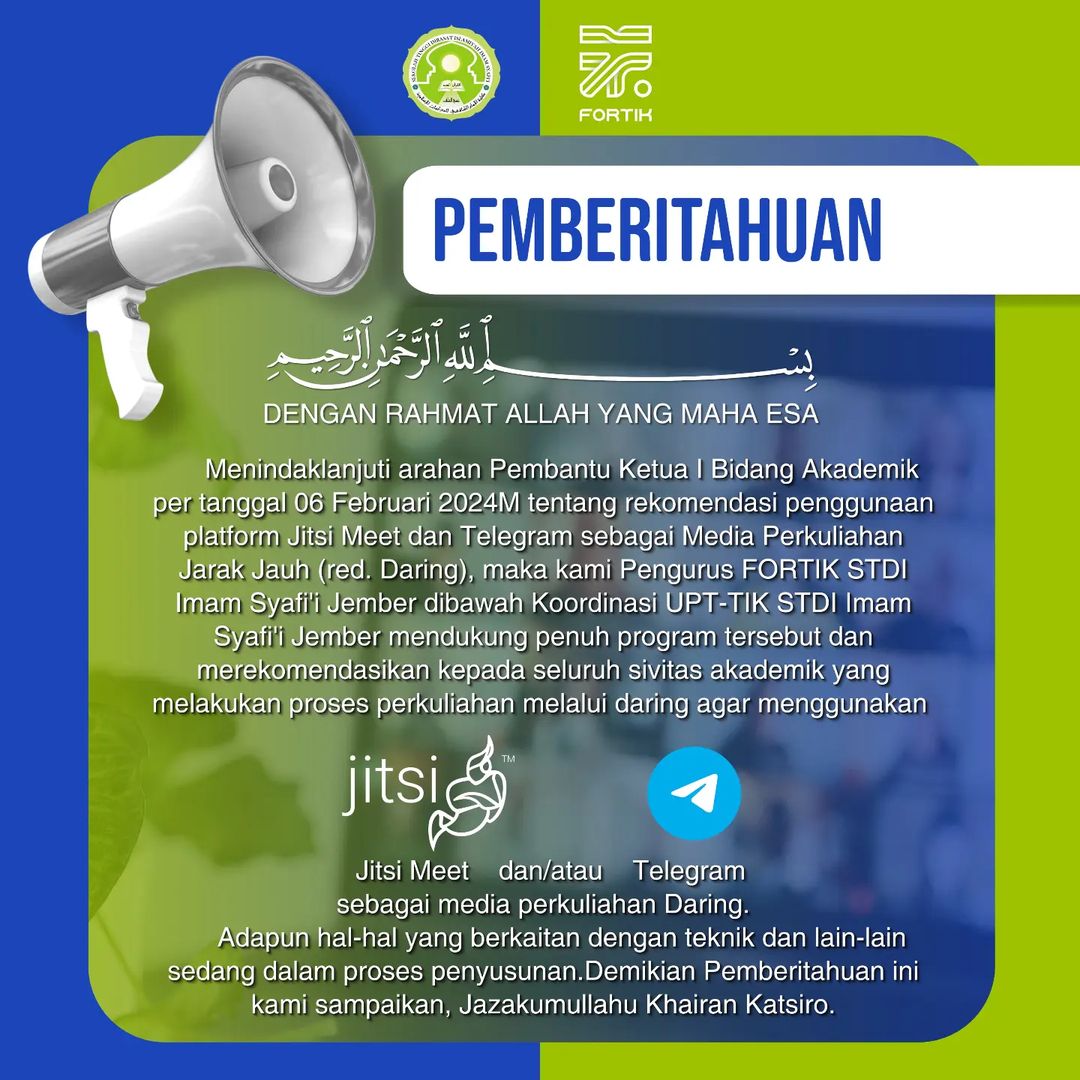 You are currently viewing PENGUMUMAN DUKUNGAN PENGGUNAAN JITSI MEET & TELEGRAM SEBAGAI MEDIA PERKULIAHAN JARAK JAUH